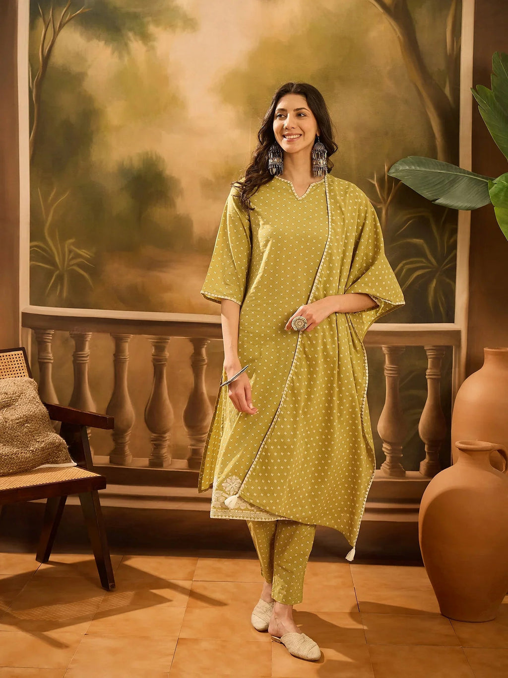 Lime Green Pure Cotton V-Neck Kurta Set For Women - SanskrutiHomes 