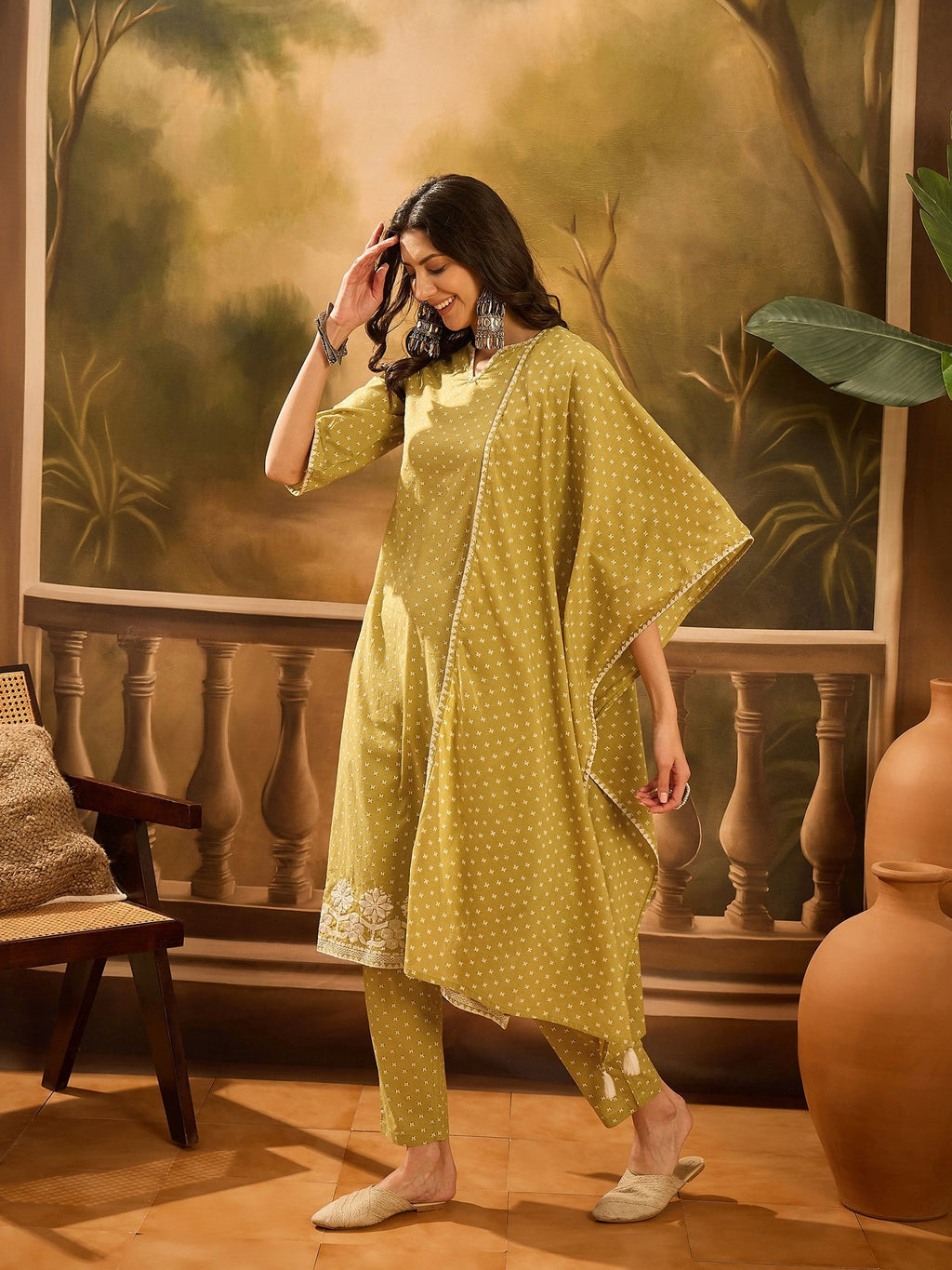 Lime Green Pure Cotton V-Neck Kurta Set For Women - SanskrutiHomes 