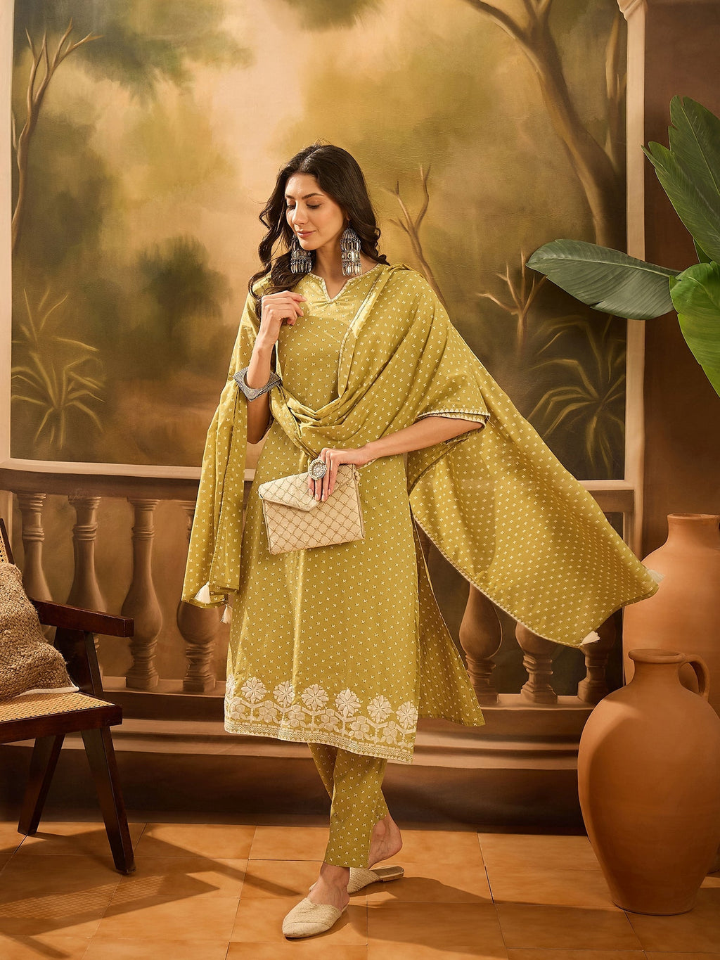 Lime Green Pure Cotton V-Neck Kurta Set For Women - SanskrutiHomes 