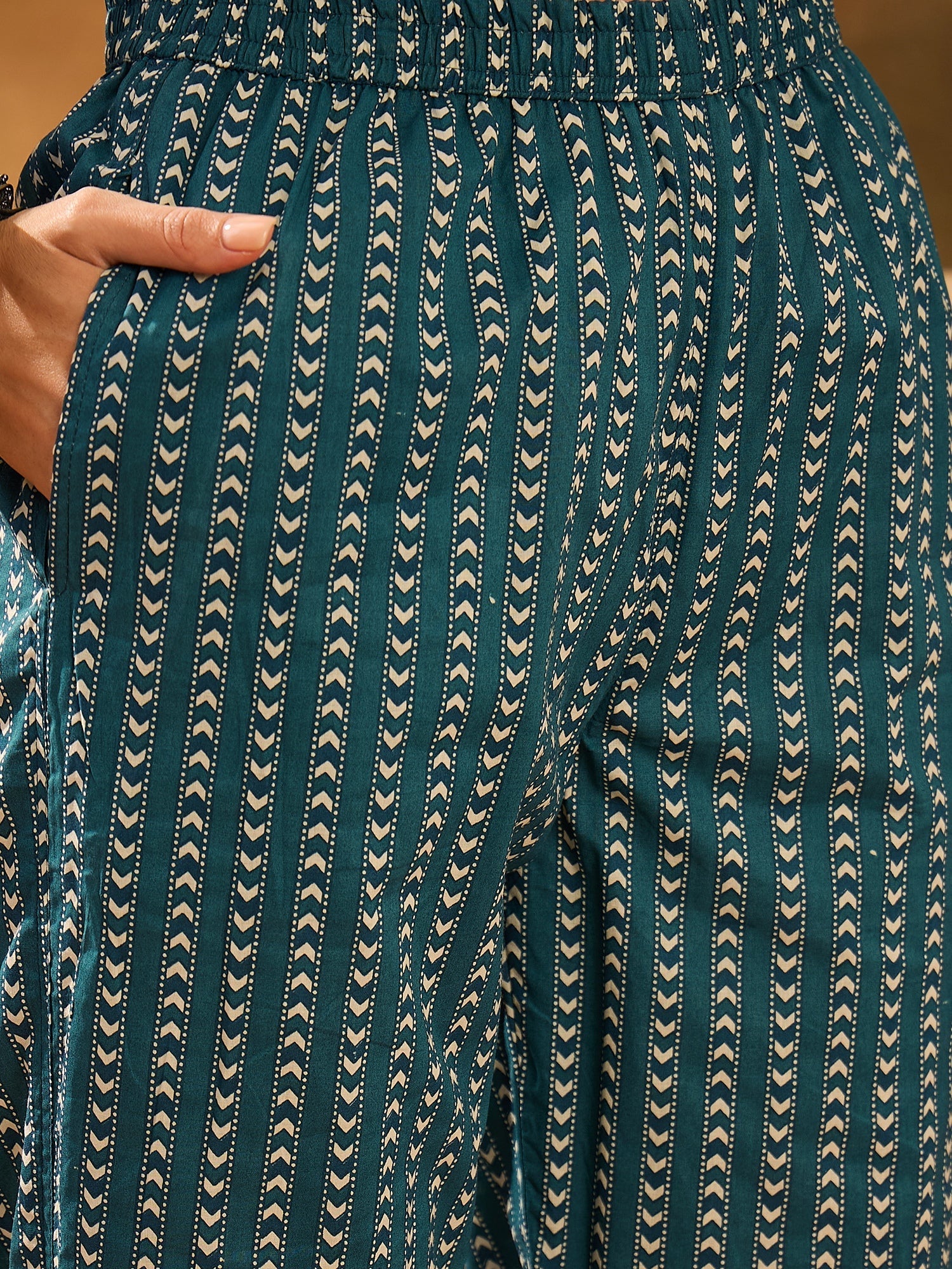 Teal Pure Cotton Round Neck Kurta Set For Women - SanskrutiHomes 