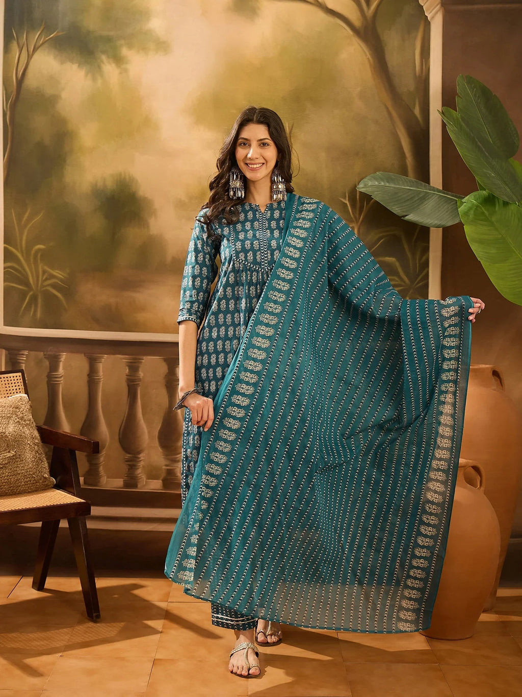 Teal Pure Cotton Round Neck Kurta Set For Women - SanskrutiHomes 