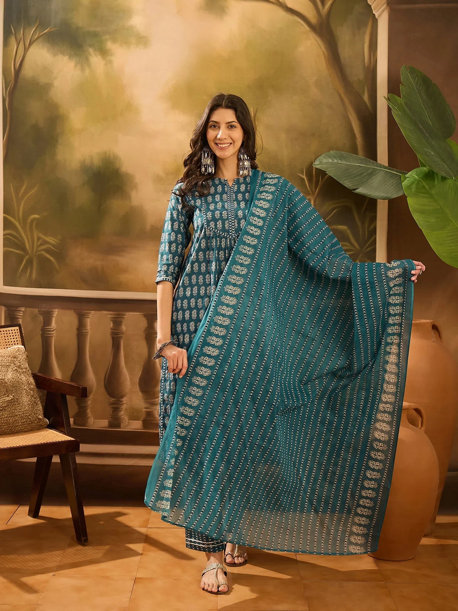 Teal Pure Cotton Round Neck Kurta Set For Women - SanskrutiHomes 