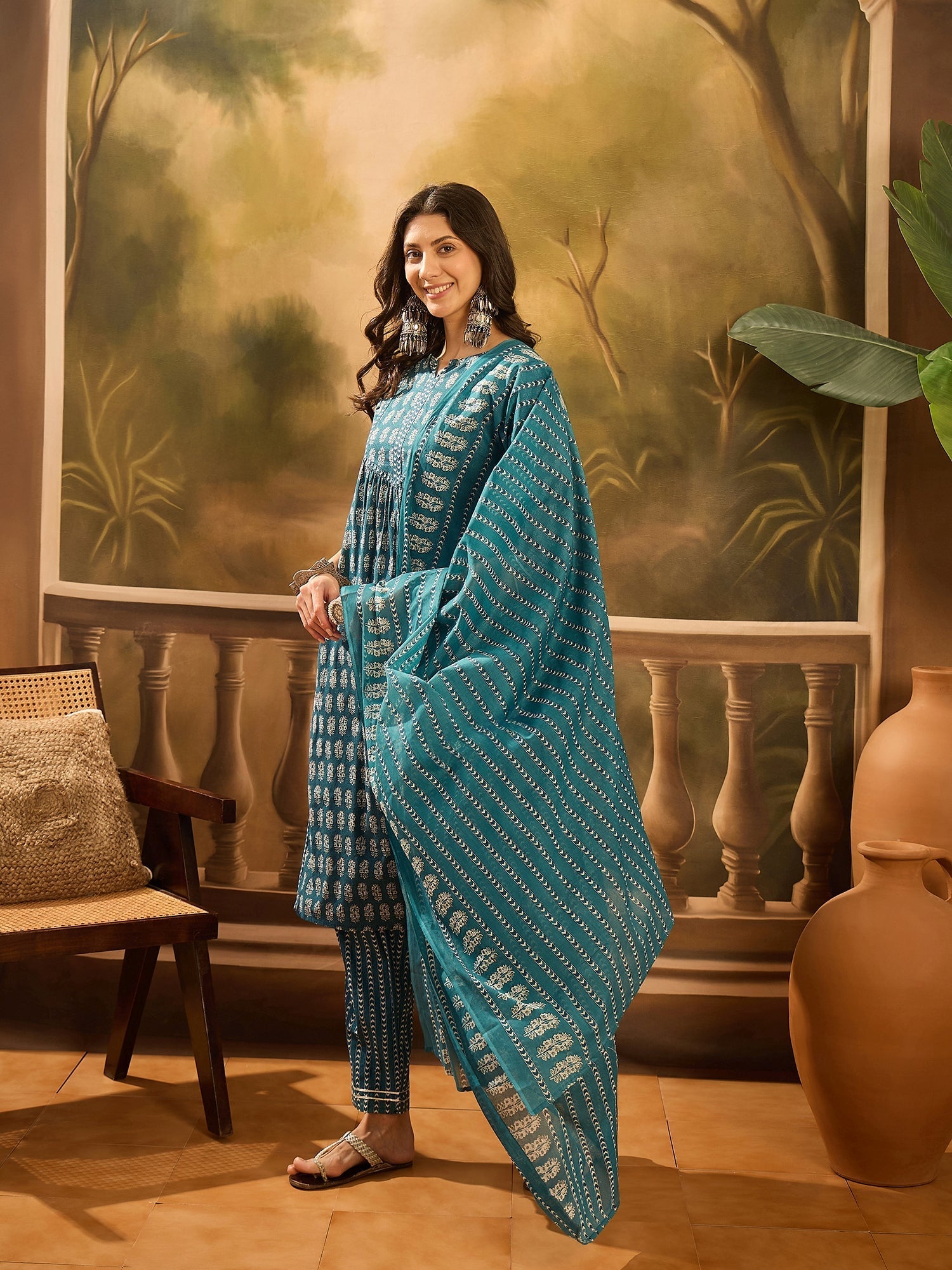 Teal Pure Cotton Round Neck Kurta Set For Women - SanskrutiHomes 