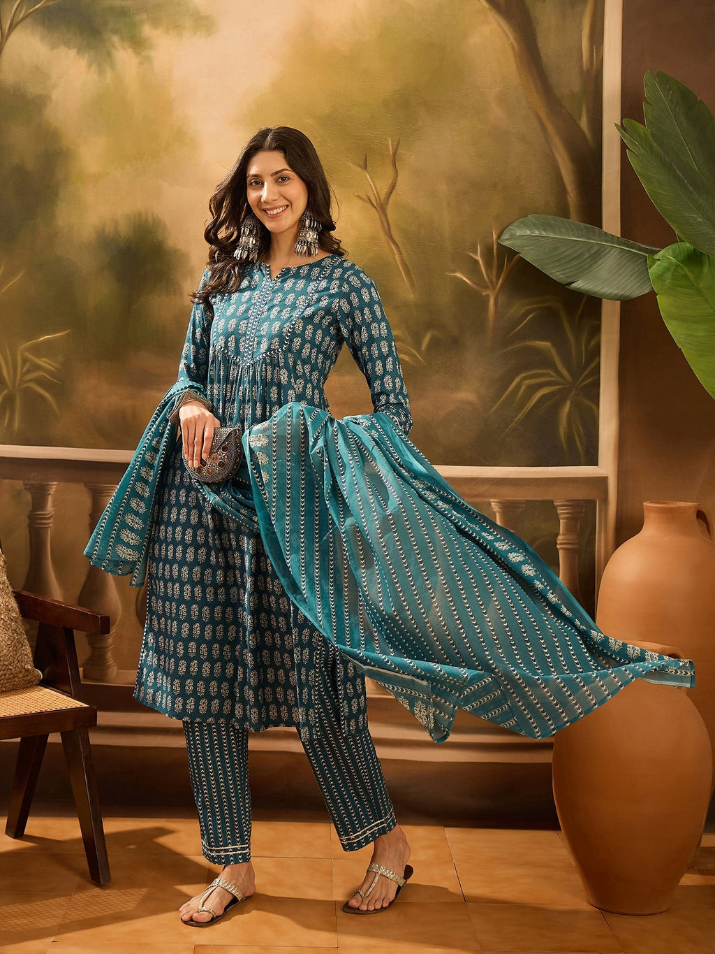 Teal Pure Cotton Round Neck Kurta Set For Women - SanskrutiHomes 