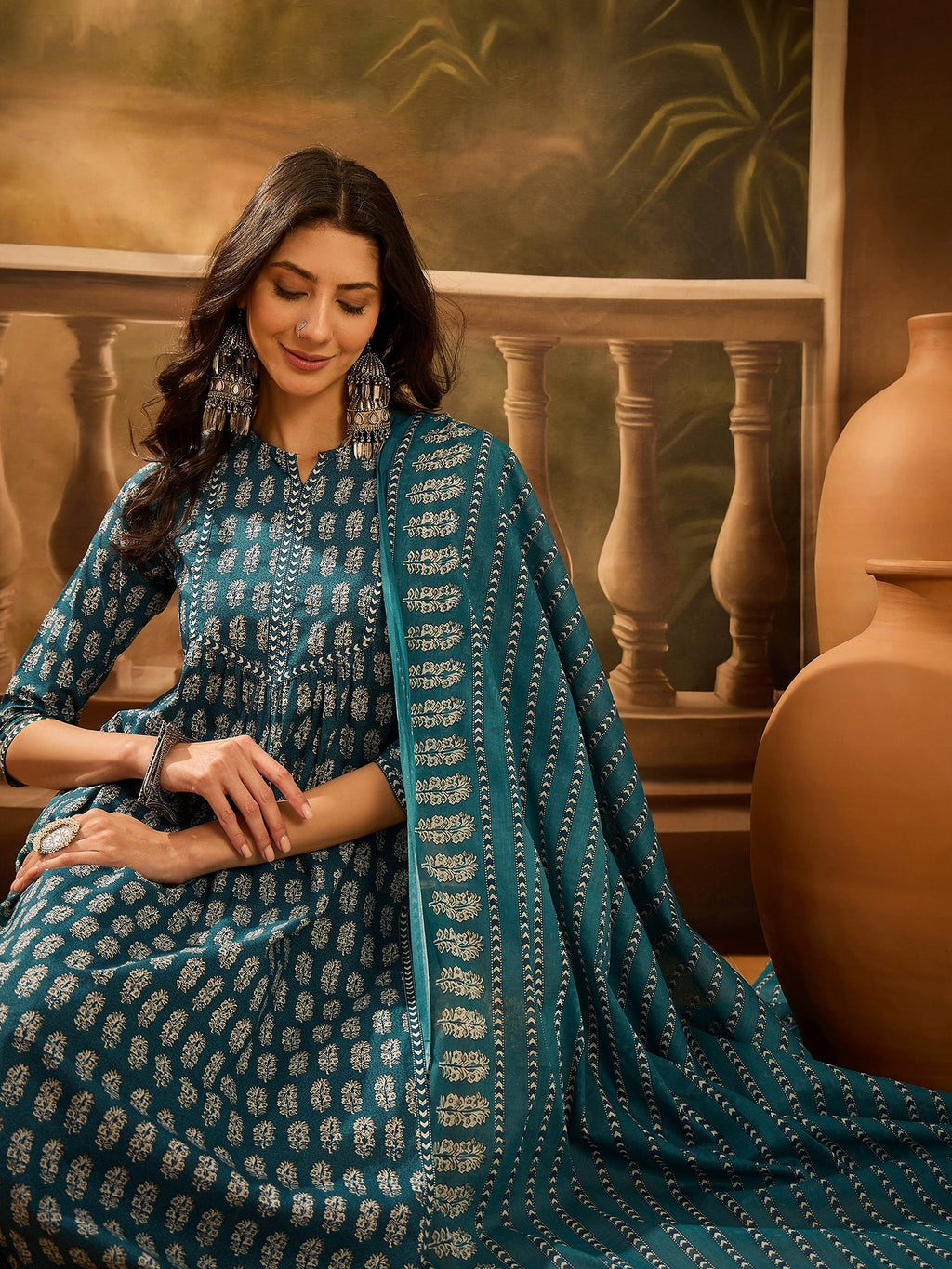 Teal Pure Cotton Round Neck Kurta Set For Women - SanskrutiHomes 