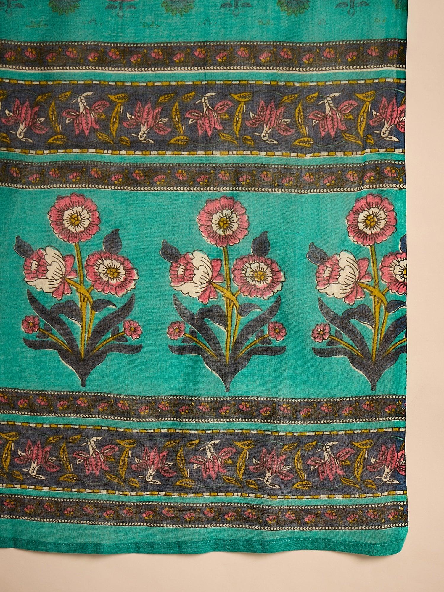 Turquoise Blue Pure Cotton V-Neck Kurta Set For Women - SanskrutiHomes 