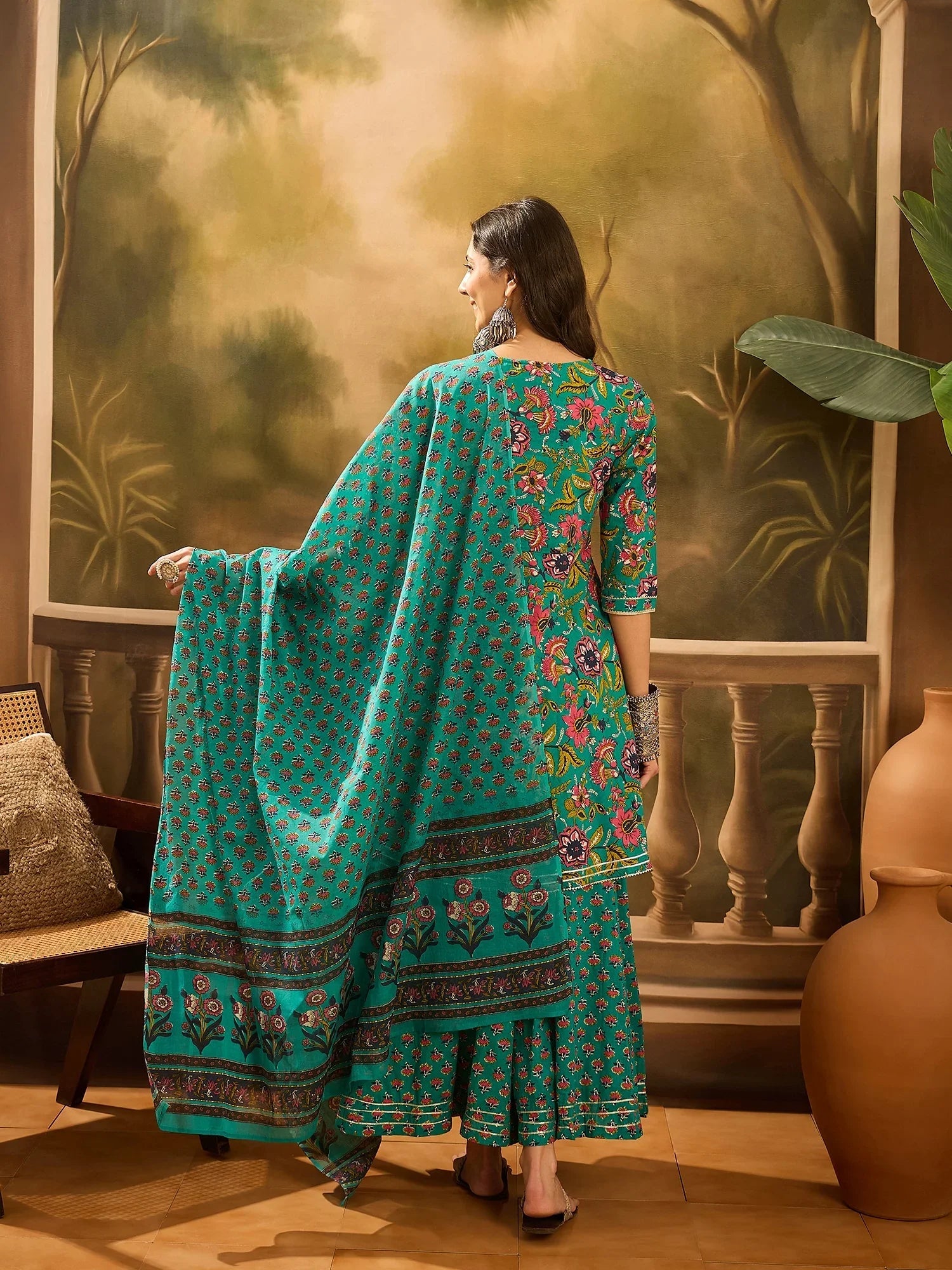 Turquoise Blue Pure Cotton V-Neck Kurta Set For Women - SanskrutiHomes 