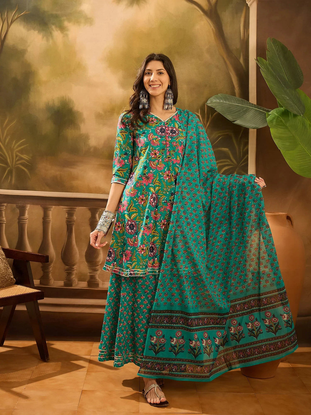 Turquoise Blue Pure Cotton V-Neck Kurta Set For Women - SanskrutiHomes 