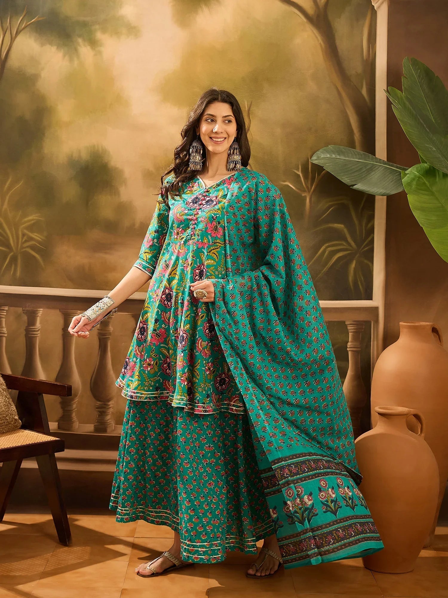 Turquoise Blue Pure Cotton V-Neck Kurta Set For Women - SanskrutiHomes 