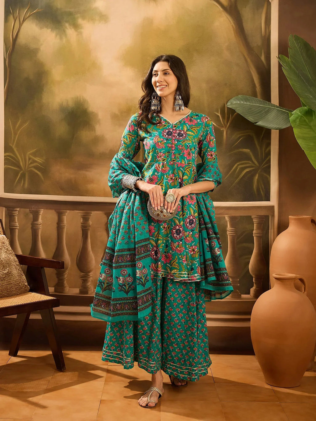 Turquoise Blue Pure Cotton V-Neck Kurta Set For Women - SanskrutiHomes 