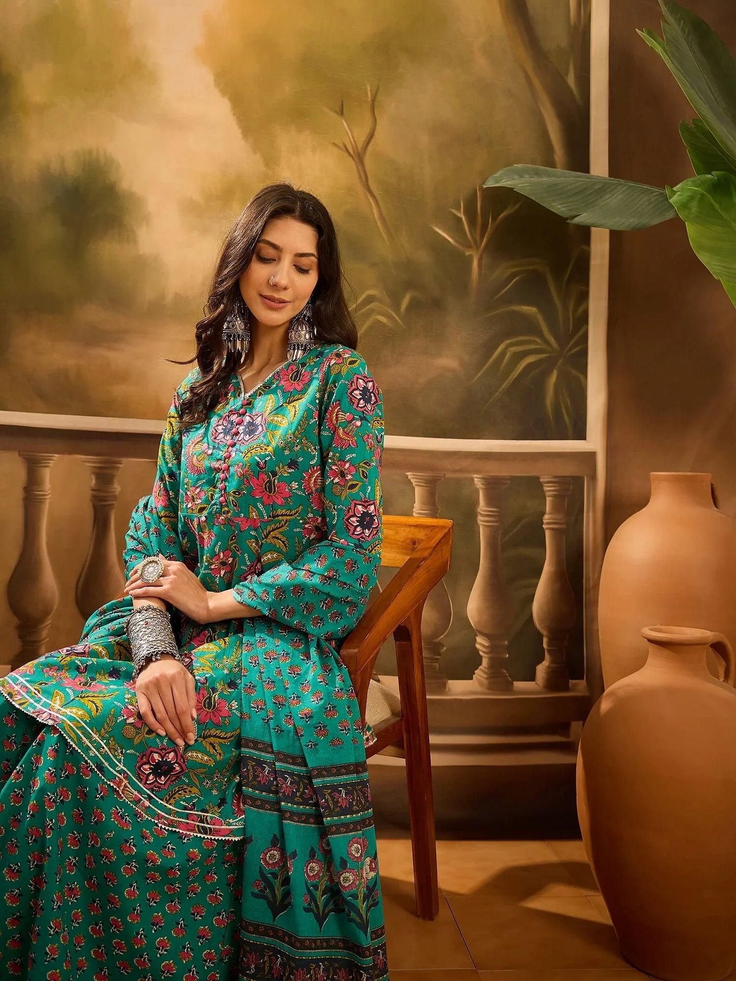 Turquoise Blue Pure Cotton V-Neck Kurta Set For Women - SanskrutiHomes 