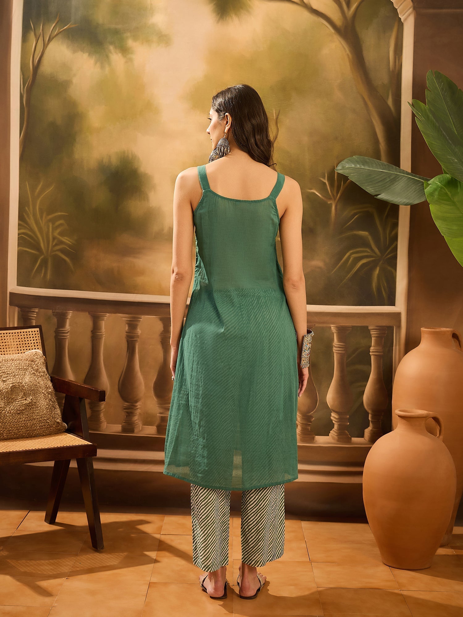 Green Pure Cotton V-Neck Kurta Set For Women - SanskrutiHomes 