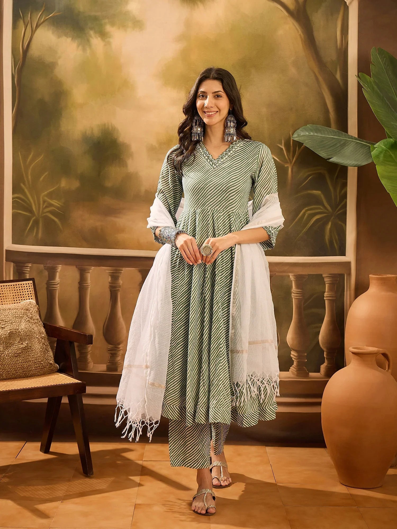 Green Pure Cotton V-Neck Kurta Set For Women - SanskrutiHomes 