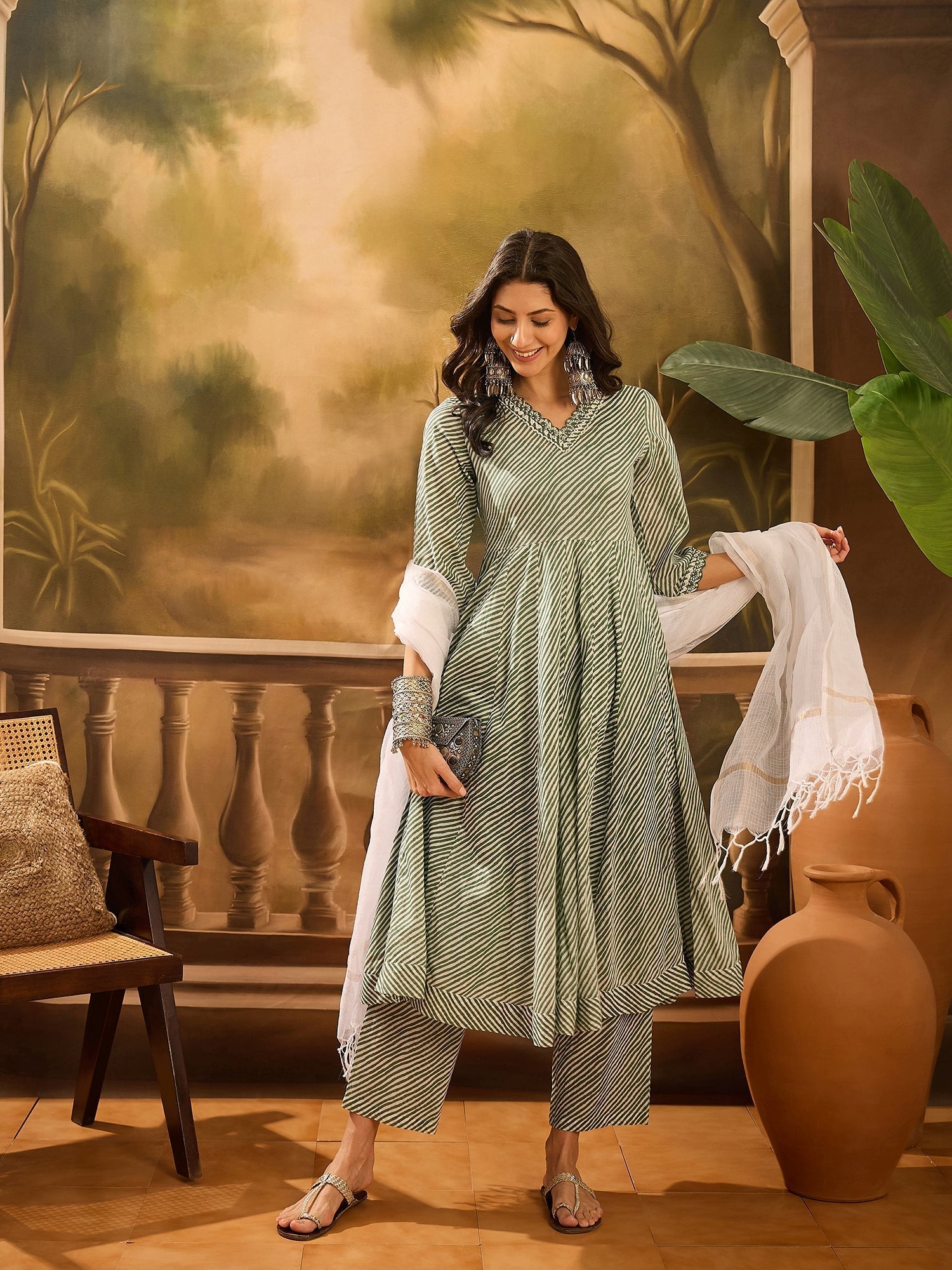 Green Pure Cotton V-Neck Kurta Set For Women - SanskrutiHomes 