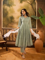 Green Pure Cotton V-Neck Kurta Set For Women - SanskrutiHomes 