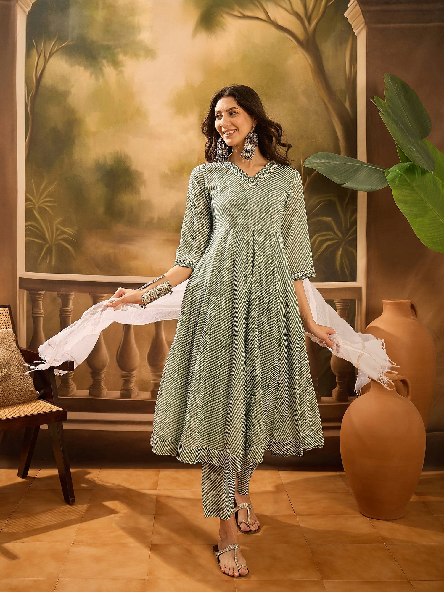 Green Pure Cotton V-Neck Kurta Set For Women - SanskrutiHomes 