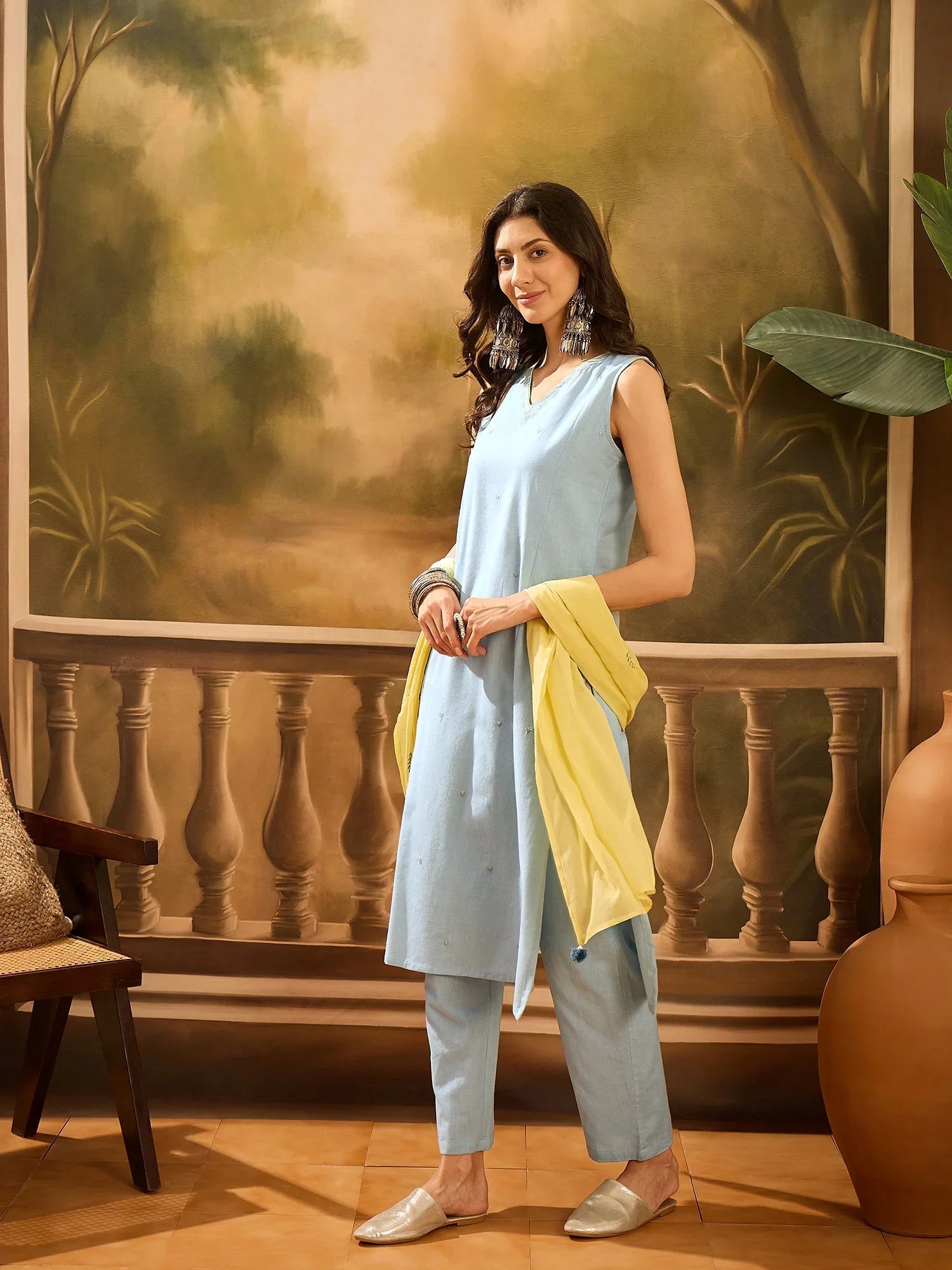 Blue Pure Cotton V-Neck Kurta Set For Women - SanskrutiHomes 