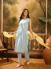 Blue Pure Cotton V-Neck Kurta Set For Women - SanskrutiHomes 