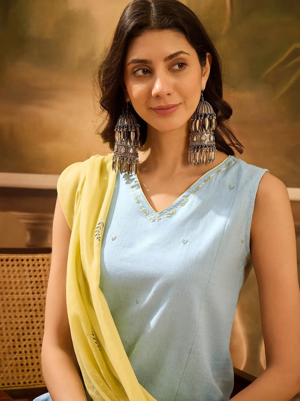 Blue Pure Cotton V-Neck Kurta Set For Women - SanskrutiHomes 