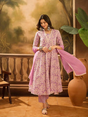 Lavender Pure Cotton V-Neck Kurta Set For Women - SanskrutiHomes 
