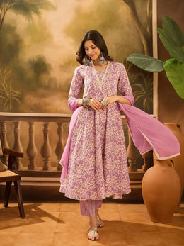 Lavender Pure Cotton V-Neck Kurta Set For Women - SanskrutiHomes 