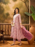 Lavender Pure Cotton V-Neck Kurta Set For Women - SanskrutiHomes 