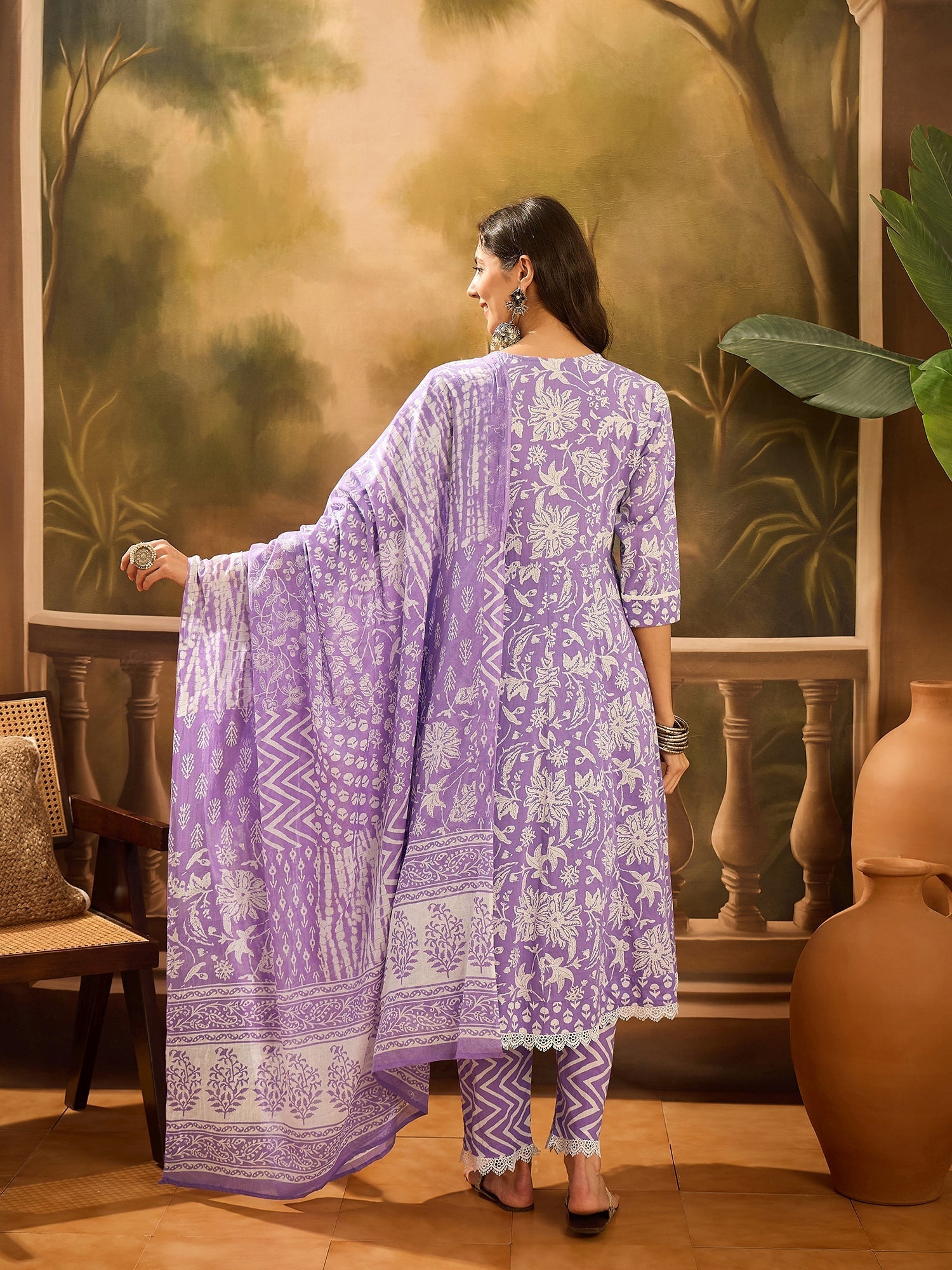 Purple Pure Cotton V-Neck Kurta Set For Women - SanskrutiHomes 