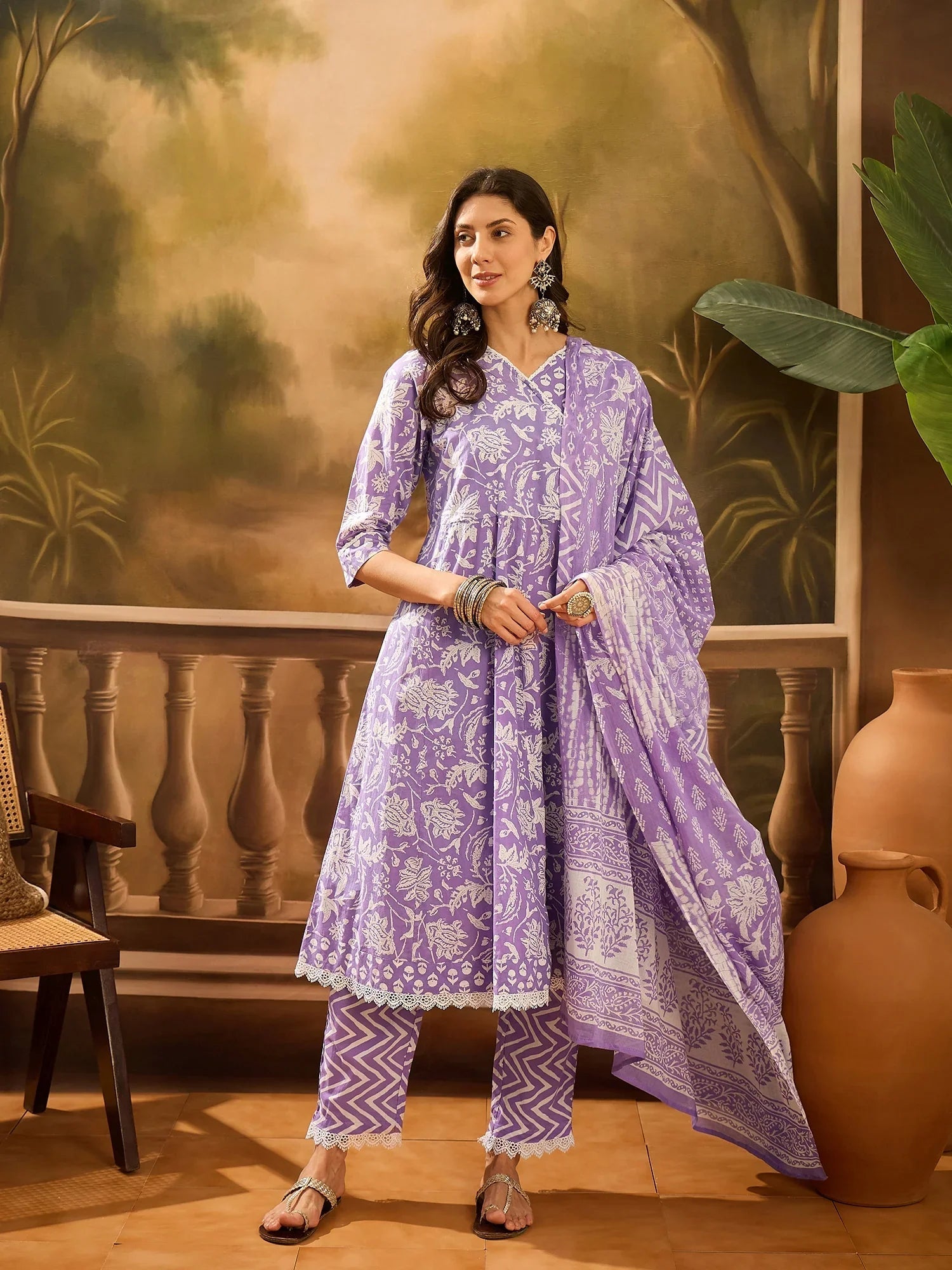 Purple Pure Cotton V-Neck Kurta Set For Women - SanskrutiHomes 