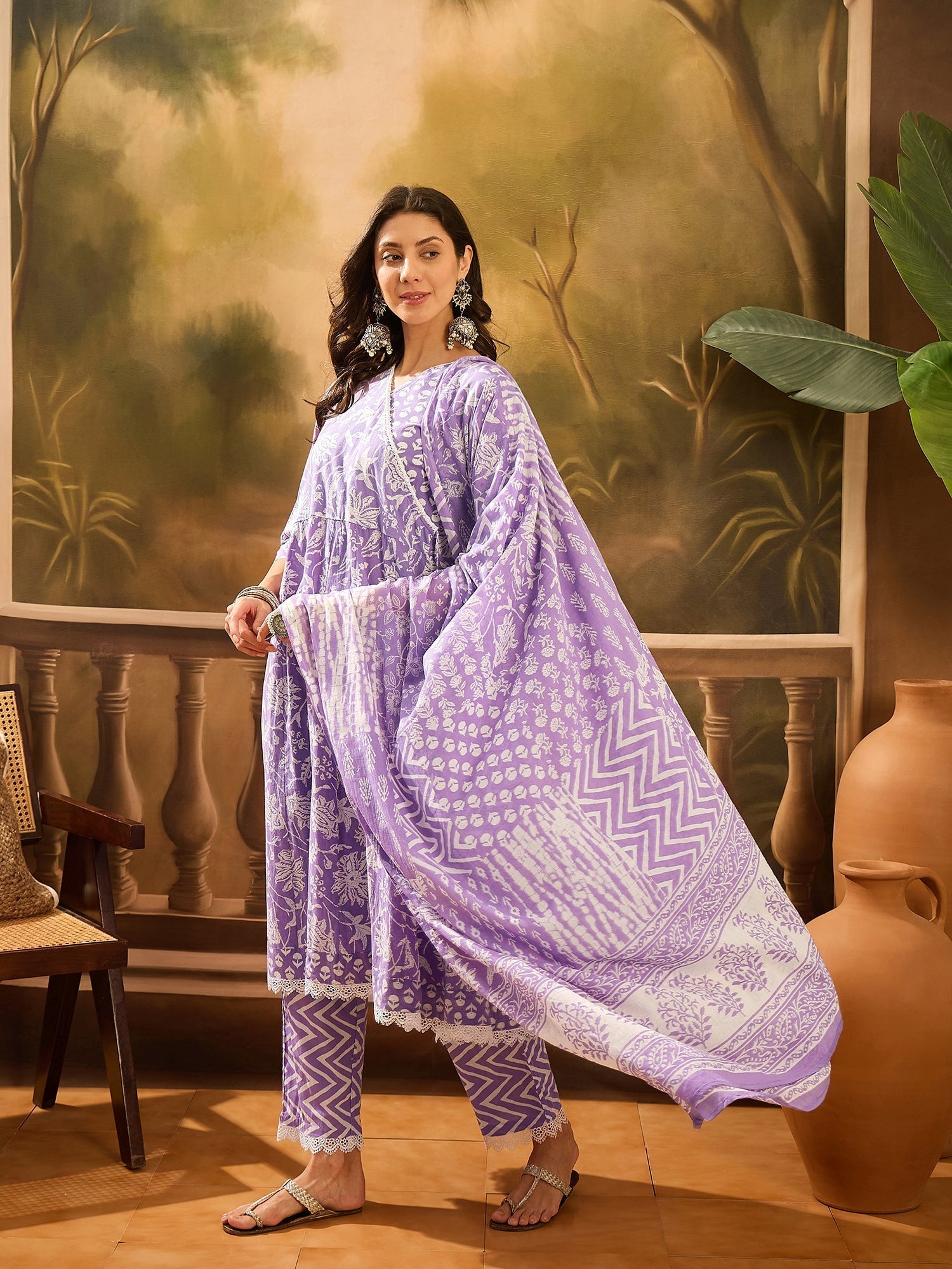 Purple Pure Cotton V-Neck Kurta Set For Women - SanskrutiHomes 