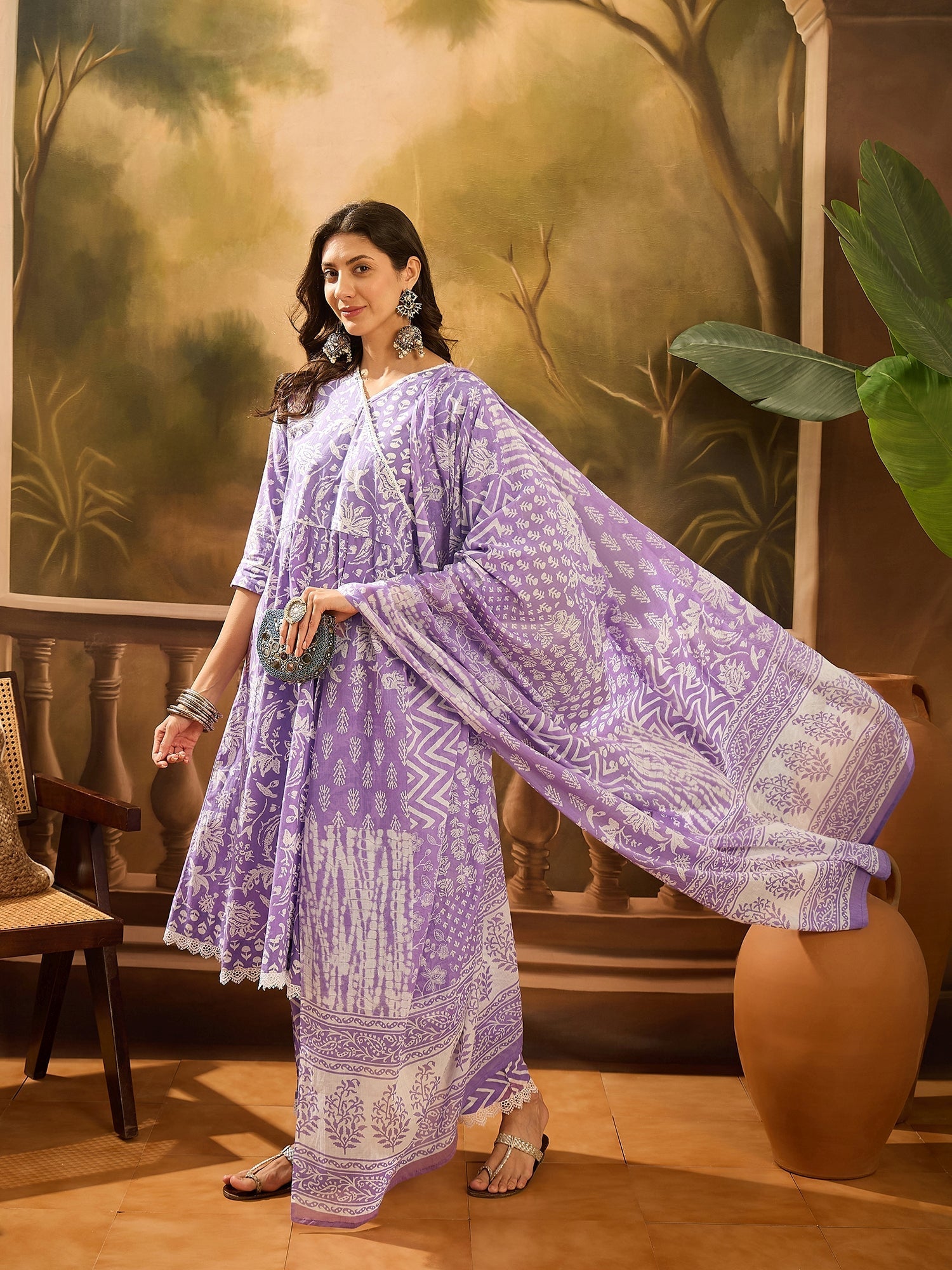 Purple Pure Cotton V-Neck Kurta Set For Women - SanskrutiHomes 