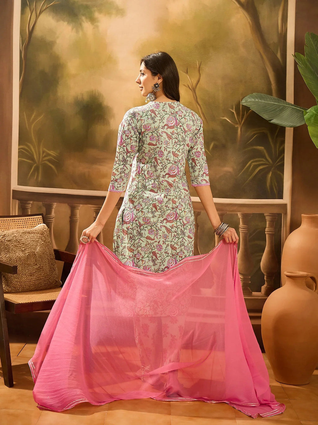 Green Pure Cotton V-Neck Kurta Set For Women - SanskrutiHomes 