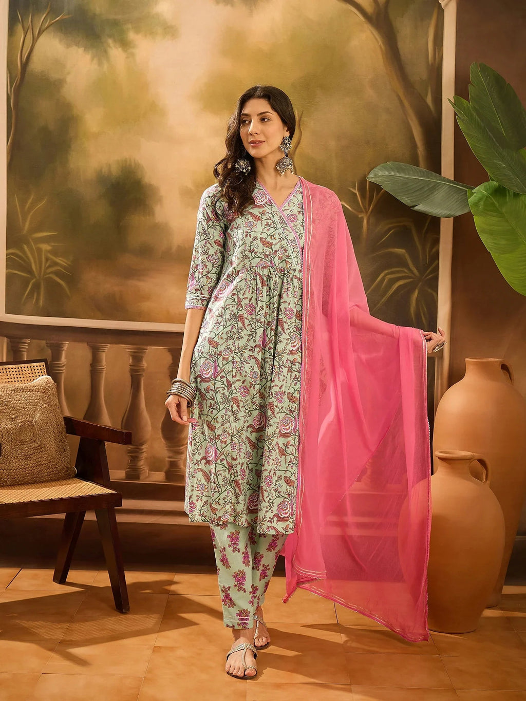 Green Pure Cotton V-Neck Kurta Set For Women - SanskrutiHomes 