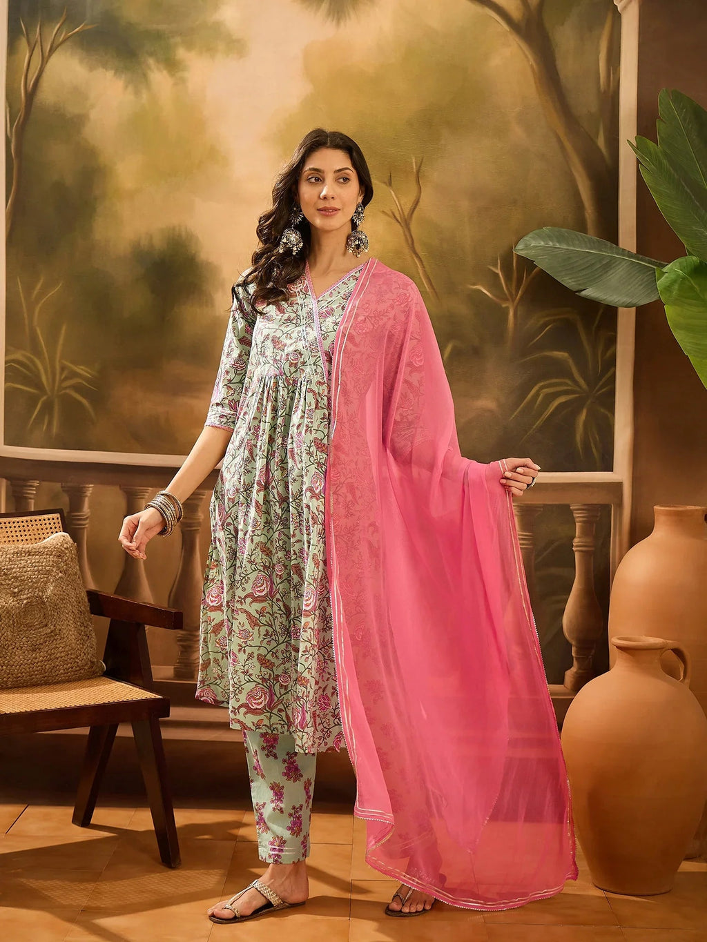 Green Pure Cotton V-Neck Kurta Set For Women - SanskrutiHomes 