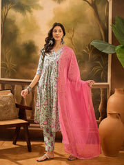Green Pure Cotton V-Neck Kurta Set For Women - SanskrutiHomes 