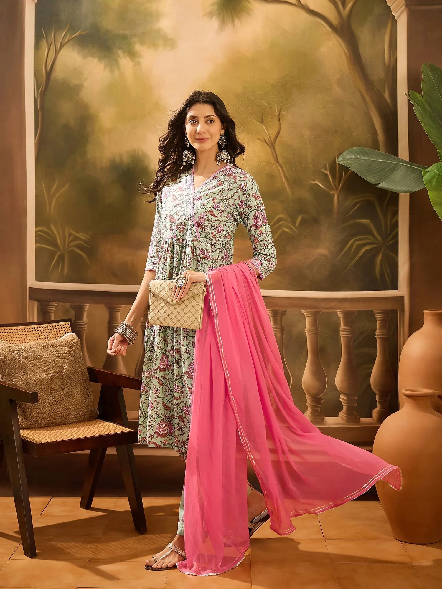 Green Pure Cotton V-Neck Kurta Set For Women - SanskrutiHomes 