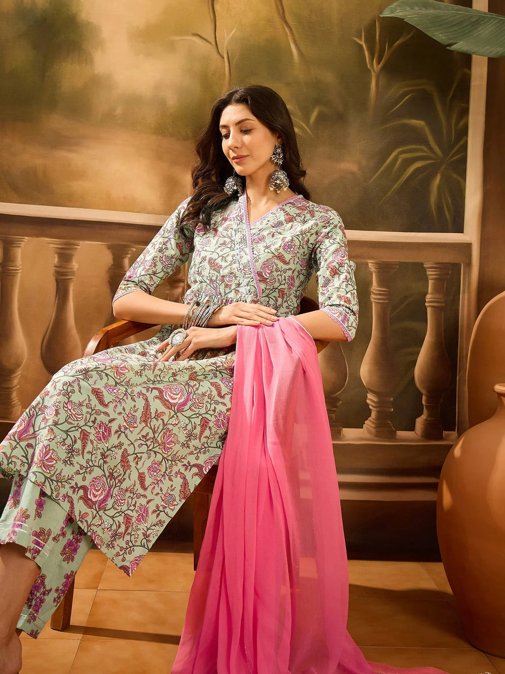 Green Pure Cotton V-Neck Kurta Set For Women - SanskrutiHomes 