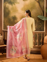 Lime Green Muslin V-Neck Kurta Set For Women - SanskrutiHomes 
