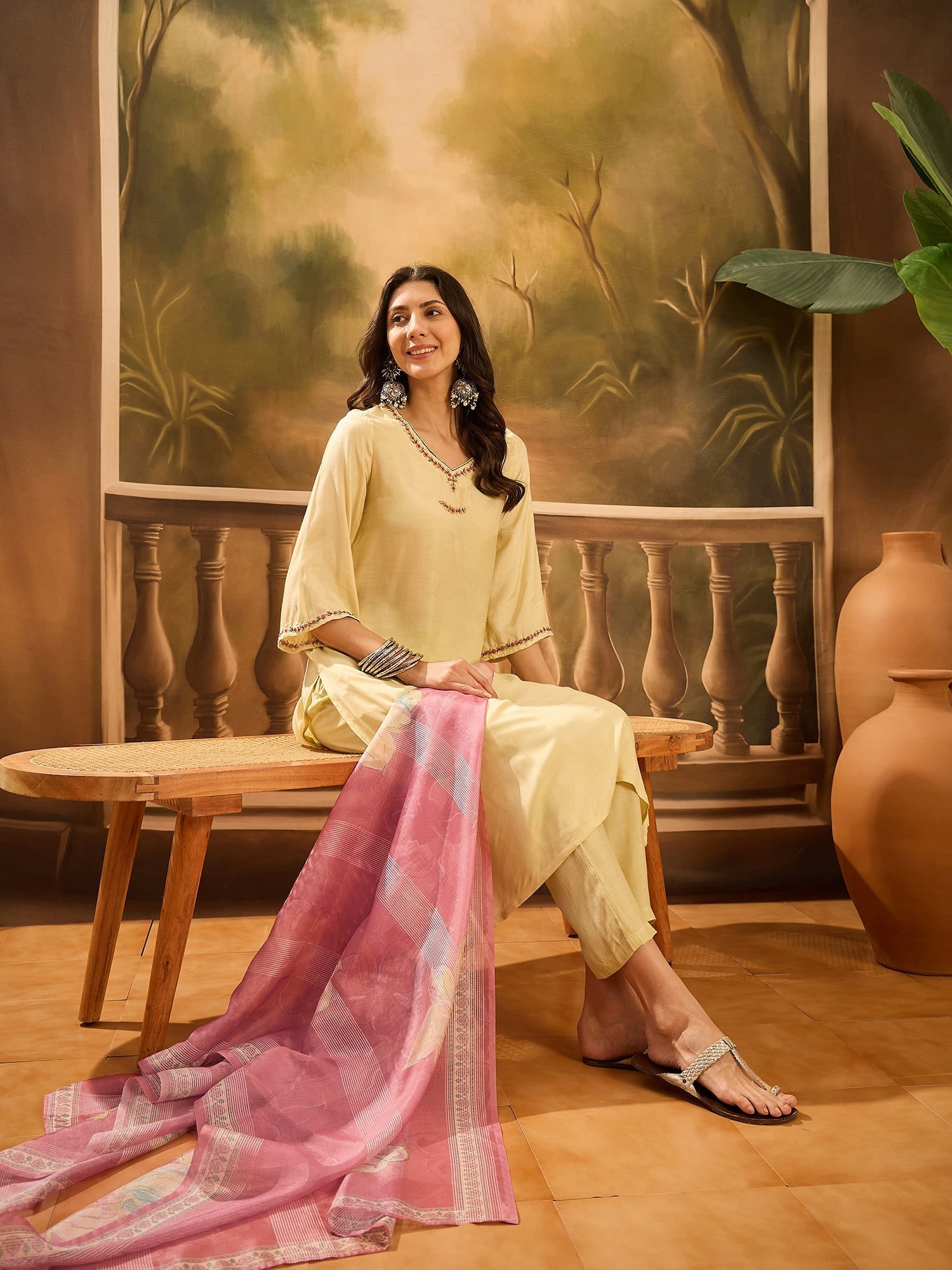 Lime Green Muslin V-Neck Kurta Set For Women - SanskrutiHomes 