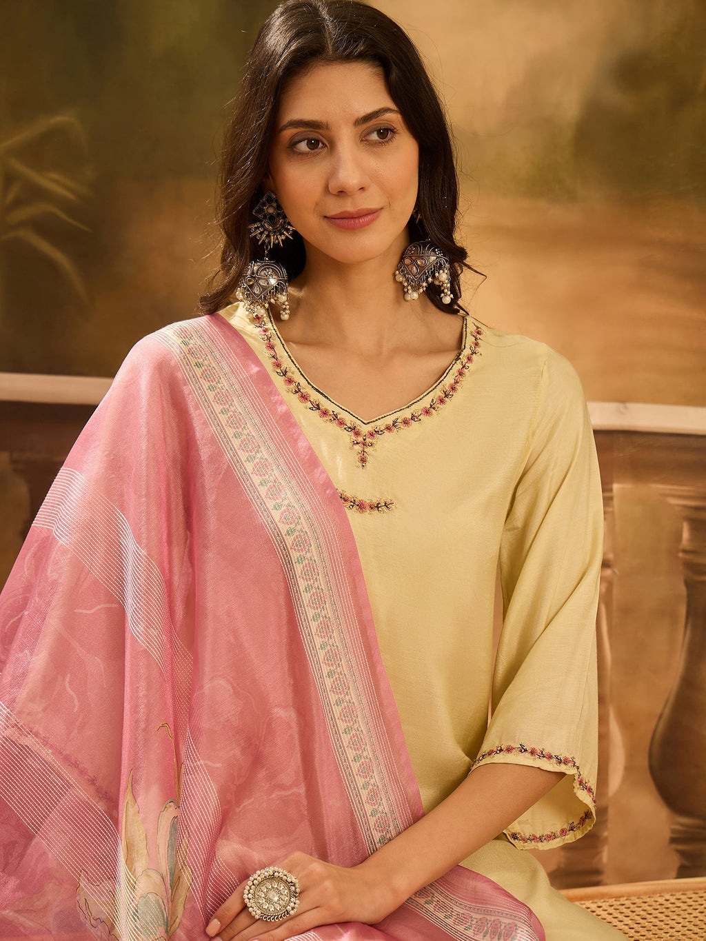 Lime Green Muslin V-Neck Kurta Set For Women - SanskrutiHomes 