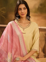 Lime Green Muslin V-Neck Kurta Set For Women - SanskrutiHomes 