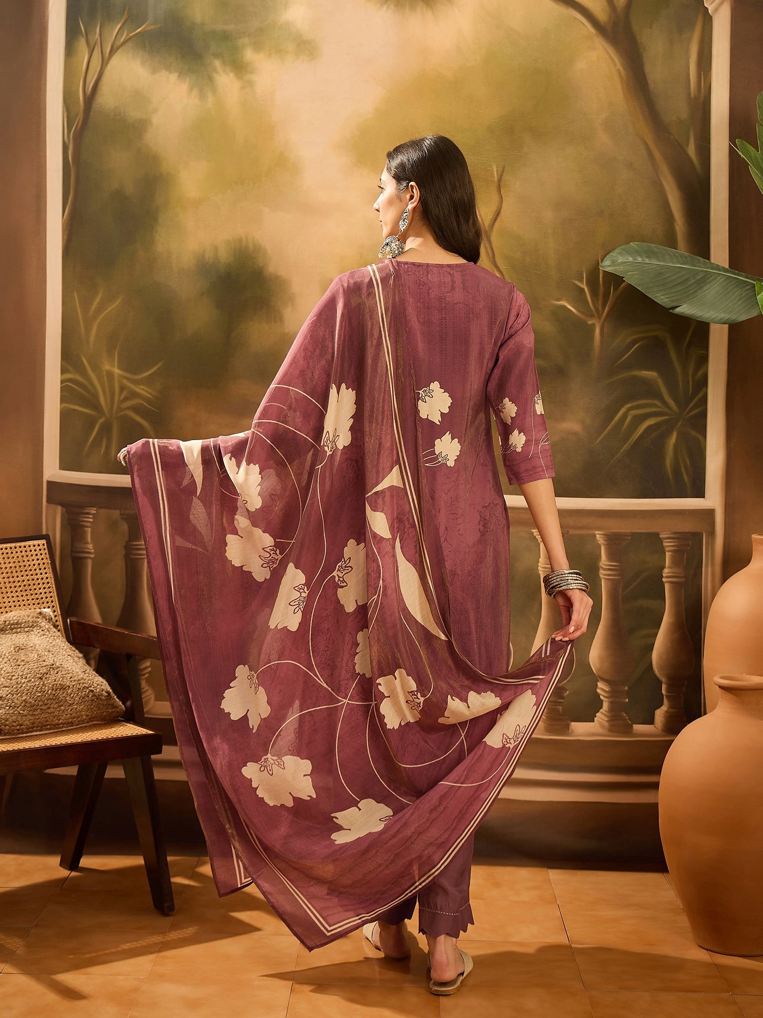 Burgundy Color Floral Printed Round Neck Kurta Set - SanskrutiHomes 