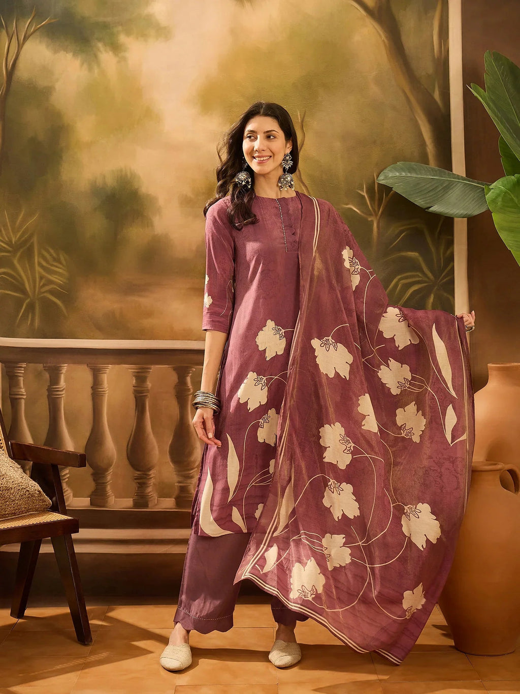 Burgundy Color Floral Printed Round Neck Kurta Set - SanskrutiHomes 