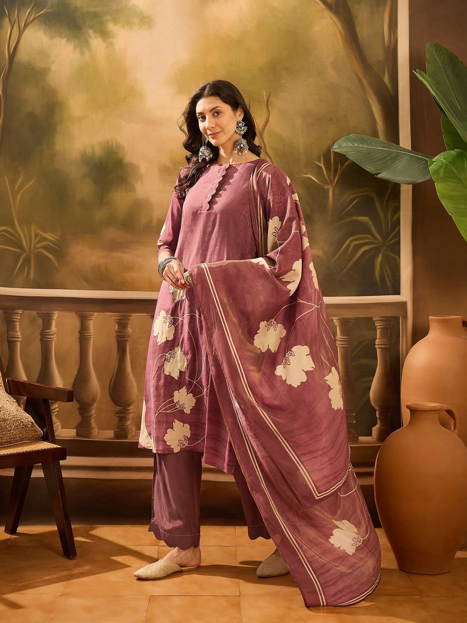 Burgundy Color Floral Printed Round Neck Kurta Set - SanskrutiHomes 