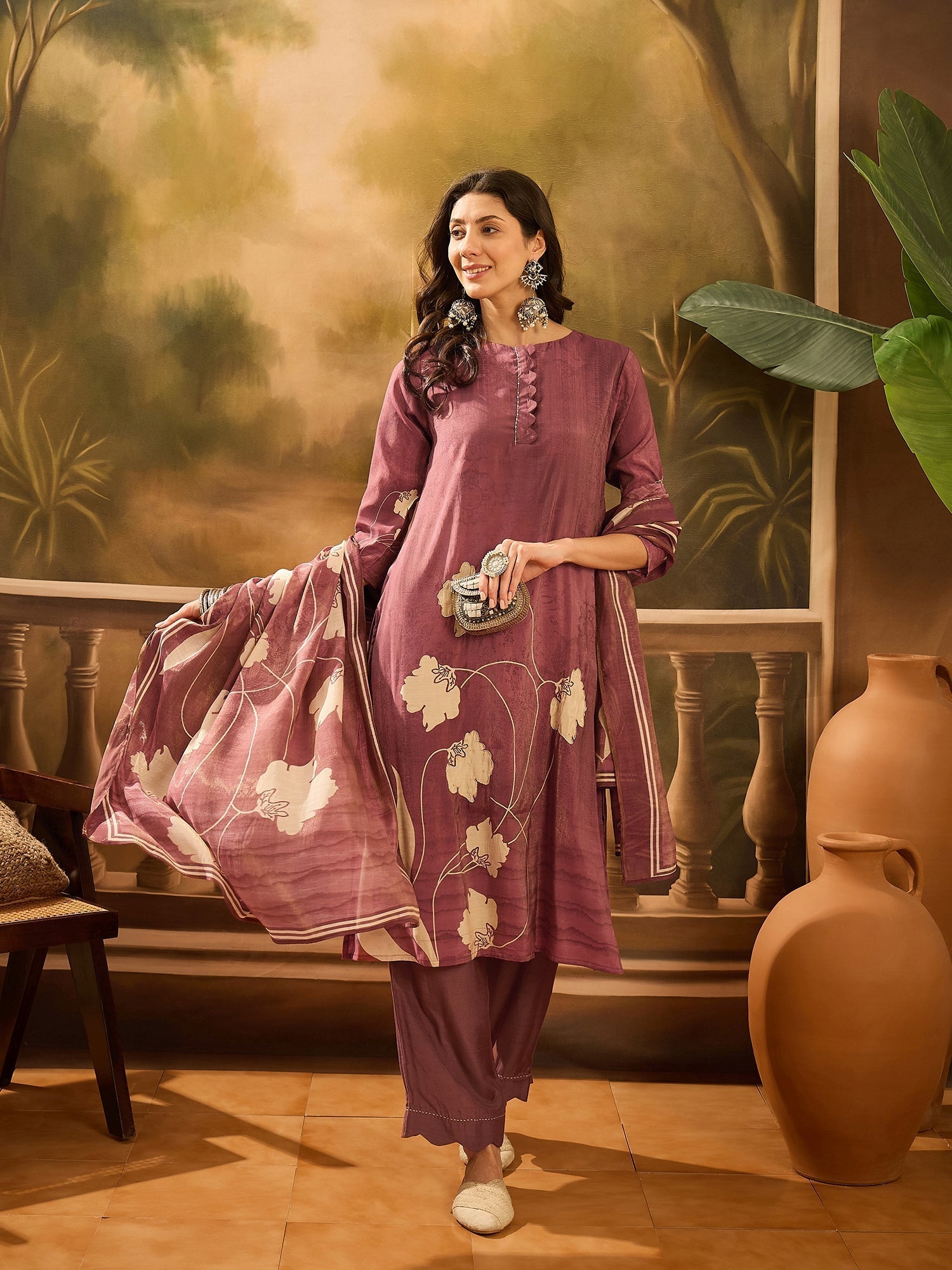 Burgundy Color Floral Printed Round Neck Kurta Set - SanskrutiHomes 
