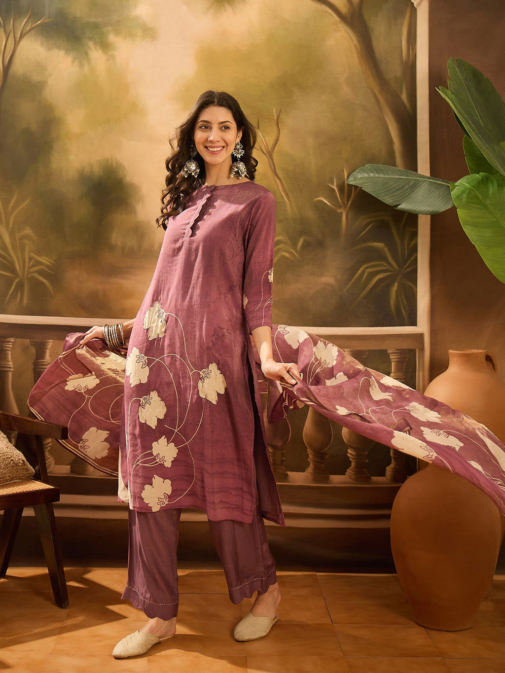 Burgundy Color Floral Printed Round Neck Kurta Set - SanskrutiHomes 