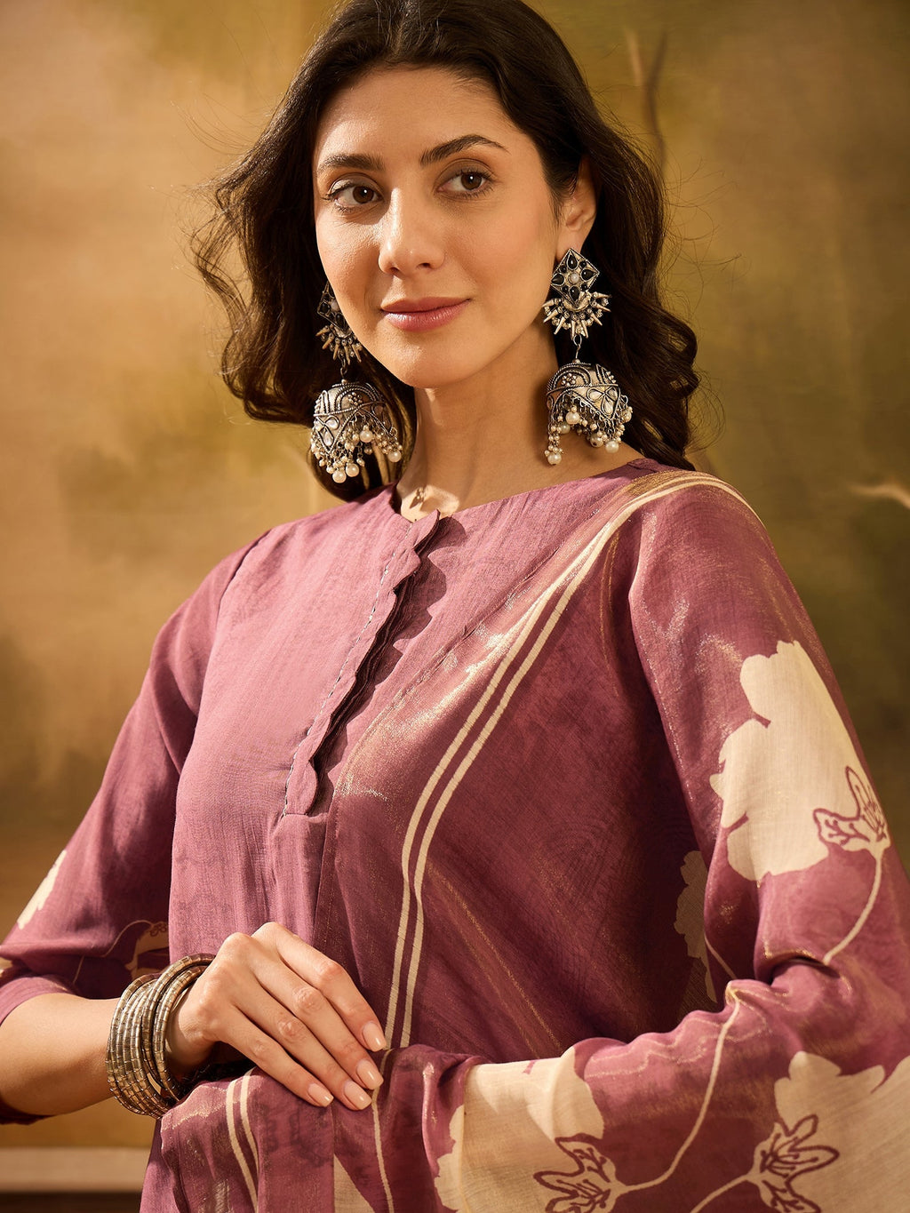 Burgundy Color Floral Printed Round Neck Kurta Set - SanskrutiHomes 