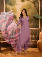 Purple Solid Print Muslin V-Neck Kurta set for women - SanskrutiHomes 