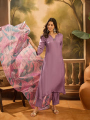 Purple Solid Print Muslin V-Neck Kurta set for women - SanskrutiHomes 