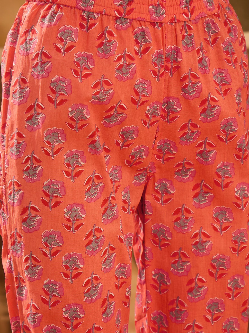 Orange Pure Cotton Round Neck Kurta Set For Women - SanskrutiHomes 