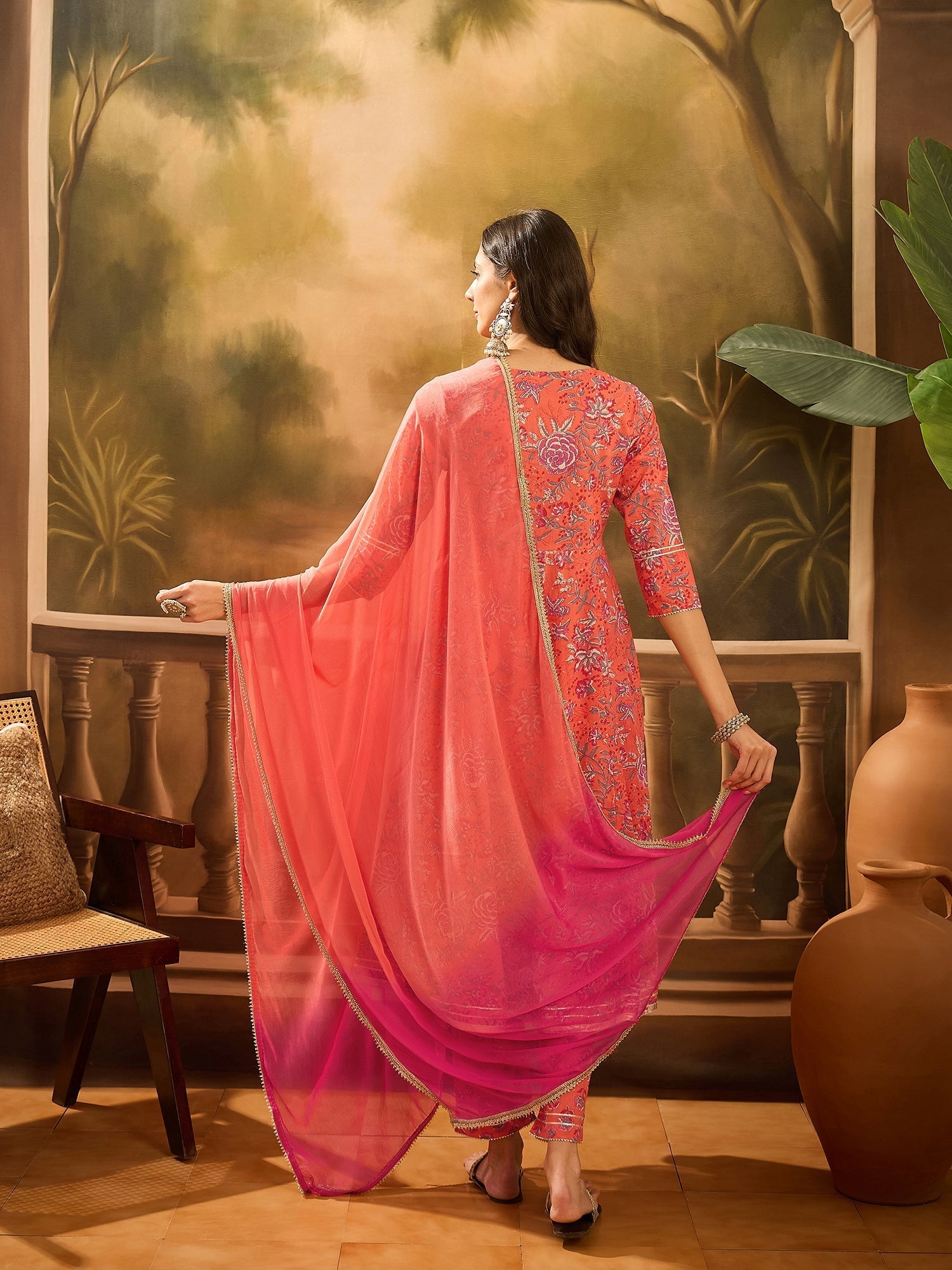 Orange Pure Cotton Round Neck Kurta Set For Women - SanskrutiHomes 